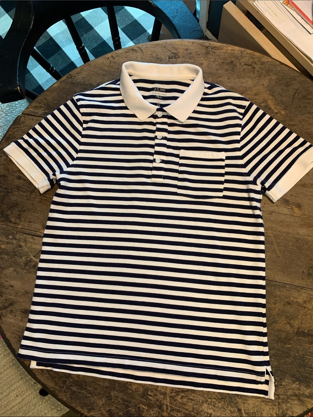 J. Crew Navy and White Striped Stretch Pique Cotton Knit Polo Shirt